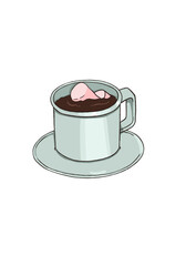 Cup of hot chocolate with marshmallow, color illustration on white background.