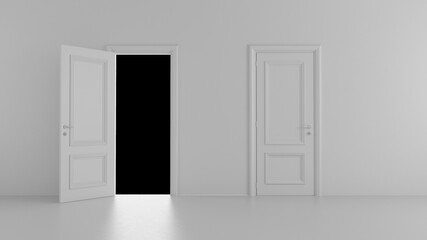 3d render open door in a bright room on a black background