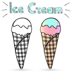 Hand drawn doodle sketch of ice cream horn, waffle cone. Sweet illustration isolated on white background. Lettering. Black outline and color. Vector icon for greeting card, coloring, recipe, sticker