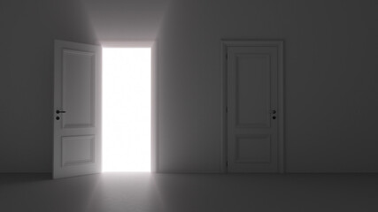 3d render open door shine in dark room
