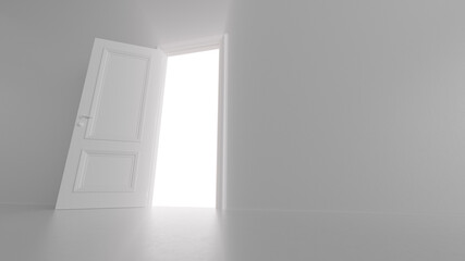 3d render shine of an open door in a bright room