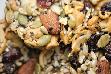 Mixed Nut and Dried fruits and Seeds Florentine, Gluten free whole foods Healthy biscuit cookies. set on cafe table.