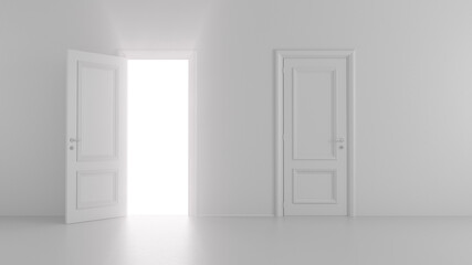 3d render shine of an open door in a bright room