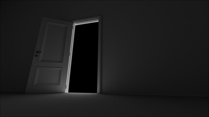 3d render open door in dark room on a black background