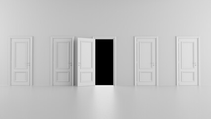 3d render open door among several doors in a bright room on a black background