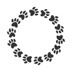 Wreath made from dog or cat hand drawn paw prints. Cute round border with space for text. 