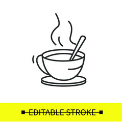 Steaming hot drink icon. Tea cup with teaspoon. Simple vector editable stroke icon of aromatic beverage. Illustration for cafe or coffee spot logo, tourist navigation or instruction
