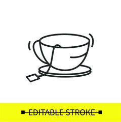 Teacup on saucer plate icon.Tea cup with empty label teabag inside. Simple design linear editable stroke icon, vector illustration .Hot drink.
