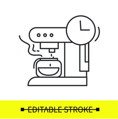 Drip coffeemaker icon. Instructions for making regular filter coffee. Vector outline illustration of coffee dripping slow into steaming hot glass pot and clock pictogram. Simple for package and web

