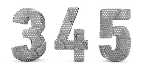 3D rendering number 3 4 5 isolated on white background. Figures and symbols. Cracked dots surface. Textured materials. number three, number four, number five