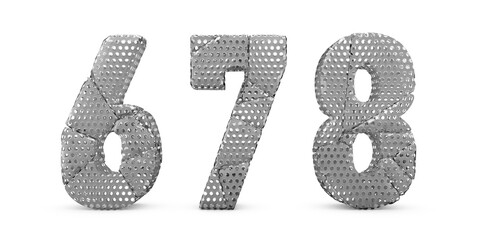3D rendering number 6 7 8 isolated on white background. Figures and symbols. Cracked dots surface. Textured materials. number six, number seven, number eight