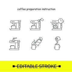 Coffee brewing icon pack. Drip coffeemaker usage, stages of regular filter coffee preparation illustration. Simple vector editable stroke icon pack for web, instruction, coffee shop and package design