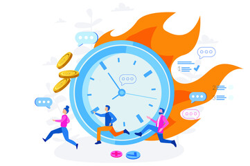 Deadline , people run, time in fire, clock in fire, Vector illustration for web banner, infographics, mobile. 