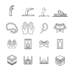 Muslim islam prayer line art icon set. with mosque, koran, hadj, kaaba, carpet