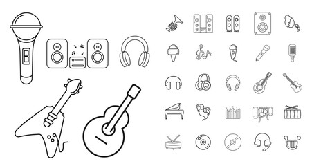 music line icon set with musical instruments, guitar, drums, musical notes, headphones, microphone