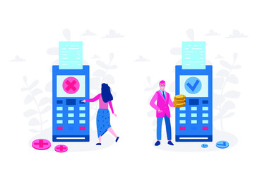 Concept Payment terminals with cross and tick check marks on screen for, social media, documents, posters. Vector illustration confirms reject the payment  debit credit card, money, security. 