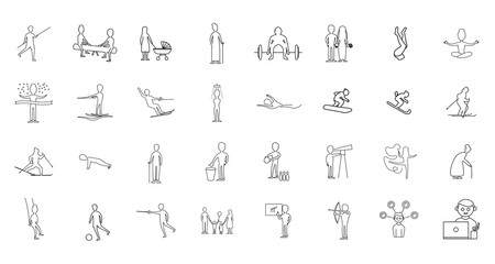 people character line icon set with doctor. cyclotourism. fireman, people, gymnastics. police