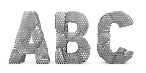 Cracked letters A B C. Letters isolated on white background. English alphabet 3D rendering. Glass surface. Ice broken into pieces. Letter A, Letter B, Letter C.