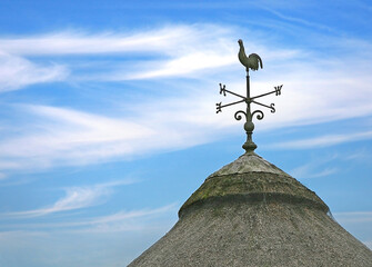 weather vane cockerel on top of a thatched roof against a summer sky