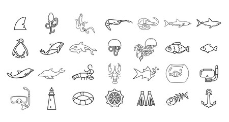 sea line icon set with sea animals, shark, scuba mask, shrimp. fish, ship, crayfish, dolphin, whale, killer whale, jelly fish