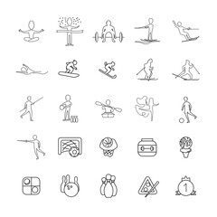 Sport line icon set with golf ball, billiards, bowling, checkers, protein can, first place medal, soccer goal