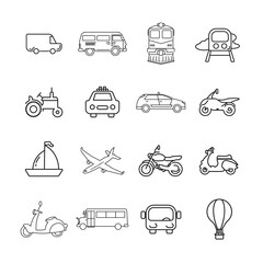 transport line icon set with car, bus, plane, ship, motorcycle, taxi car