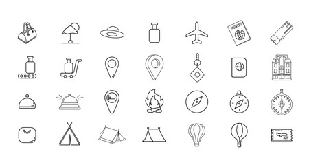 Traveling and transport line icon set with hotel, compass, maps, reception call, plane ticket, boarding pass, camping tent, hot air balloon