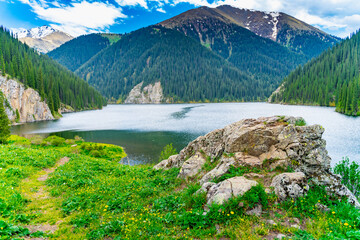 Spectacular view of a mountain lake with blue sky.