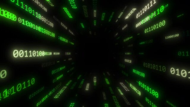 Digital communication concept using 8bit binary computer code numbers. 3D green flowing data glow tunnel hole 4K pattern animation.