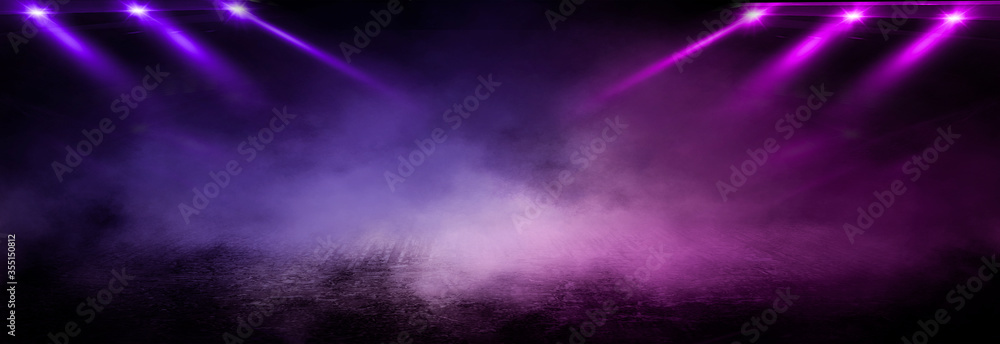 Wall mural background of empty room with spotlights and lights, abstract purple background with neon glow