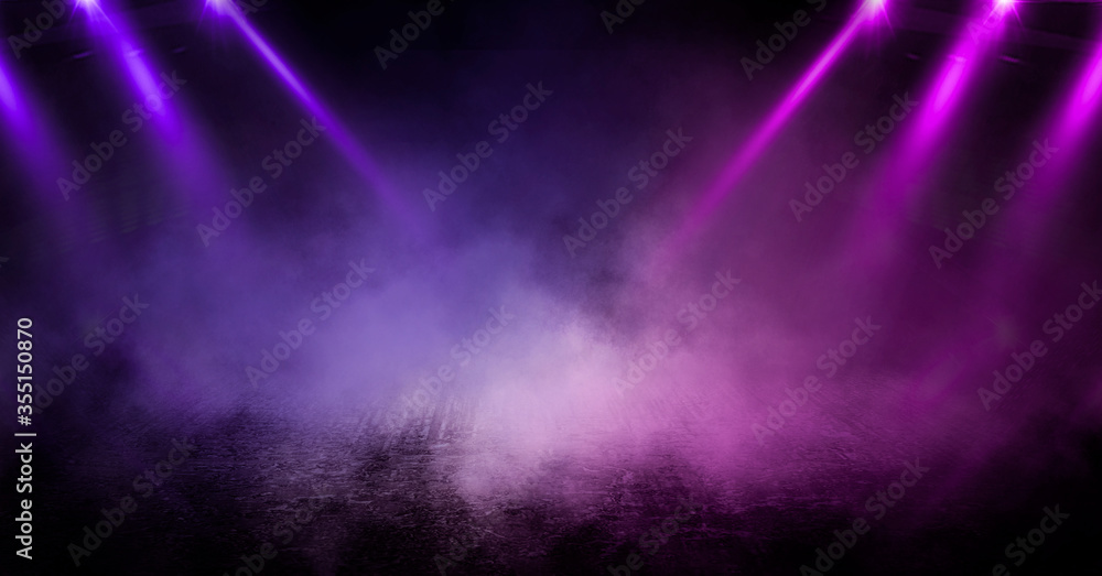 Wall mural background of empty room with spotlights and lights, abstract purple background with neon glow