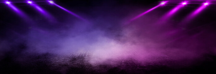 Background of empty room with spotlights and lights, abstract purple background with neon glow