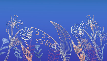 contour floral pattern on a blue-violet background, rollerball pen, drawing, photoshop