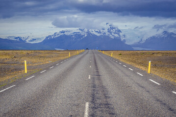 So called Ring Road with Skaftafell National Park on background in Oraefasveit region of Iceland