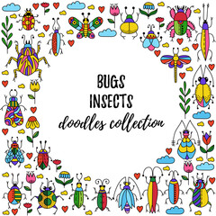 Bugs insects decorative elements doodle colorful cartoon vector icons set
