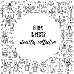 Bugs insects icons vector set round frame baeder banner template