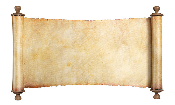 Horizontal scroll or parchment with wooden handles. Isolated, clipping path included