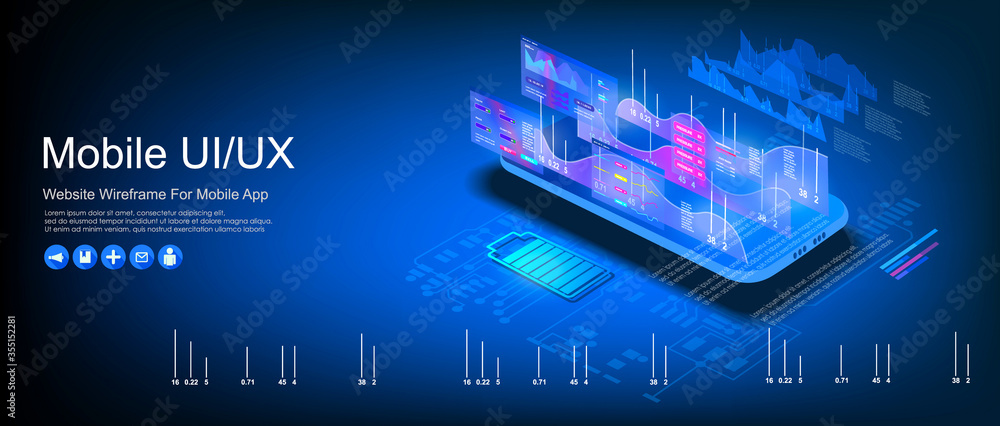 Poster graph with data analysis and data statistics on an isometric mobile phone. landing page design. conc