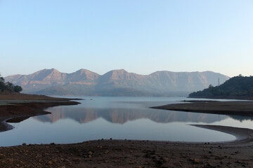 Reflection of hills in Mulshi dam, Mulshi, Pune, Maharshtra, India