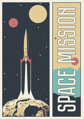 Space Missions Propaganda Poster, Spacecraft, Aerospace, Space Rocket, Planets, Scientific illustration