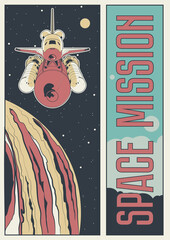 Space Missions Propaganda Poster, Spacecraft, Aerospace, Astronaut, Planets, Scientific illustration