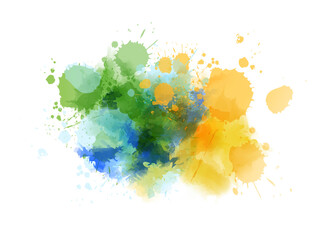 Yellow, green and blue colored splash watercolor paint blot - template for your designs. Grunge paint imitation splash background.