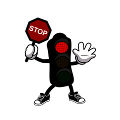 cartoon traffic light on red holding a smbol of stop