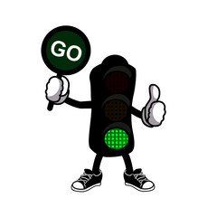 cartoon traffic light on green holding a symbol of go