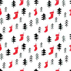 Watercolor seamless pattern with winter sweaters, hats and mittens. Christmas clothing
