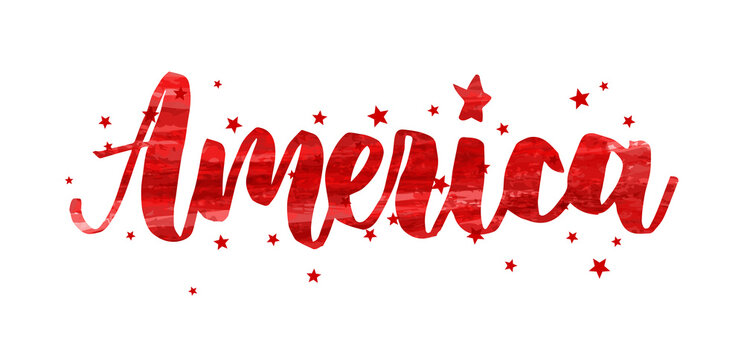 America - handwritten modern calligraphy lettering with stars decoration. Independence day (4th of July) in USA holiday concept. Red colored paint brushed text.