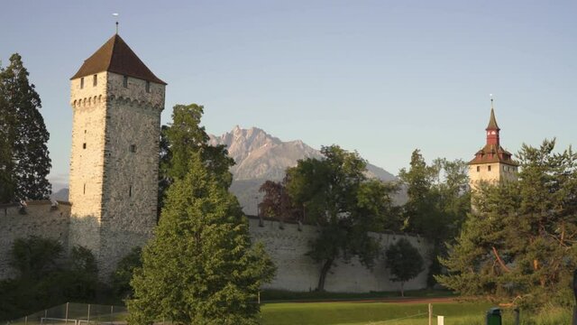 Musegg wall with pilatus in background