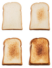 Toast on white background with clipping path and high resolution. Burned sliced bread at 4 level of charred.