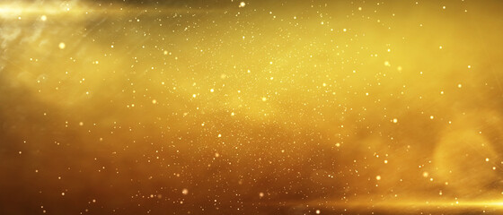 golden particles shining stars dust bokeh glitter awards dust abstract background. Futuristic glittering in space on gold color background.	
