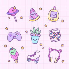 Vector set cute kawaii character icons with faces, stickers set in 80s, 90s style. Cute doodle such as headphones, planet lollipop, pizza slice, joystick, roller skates, flower pot, ice cream, candy